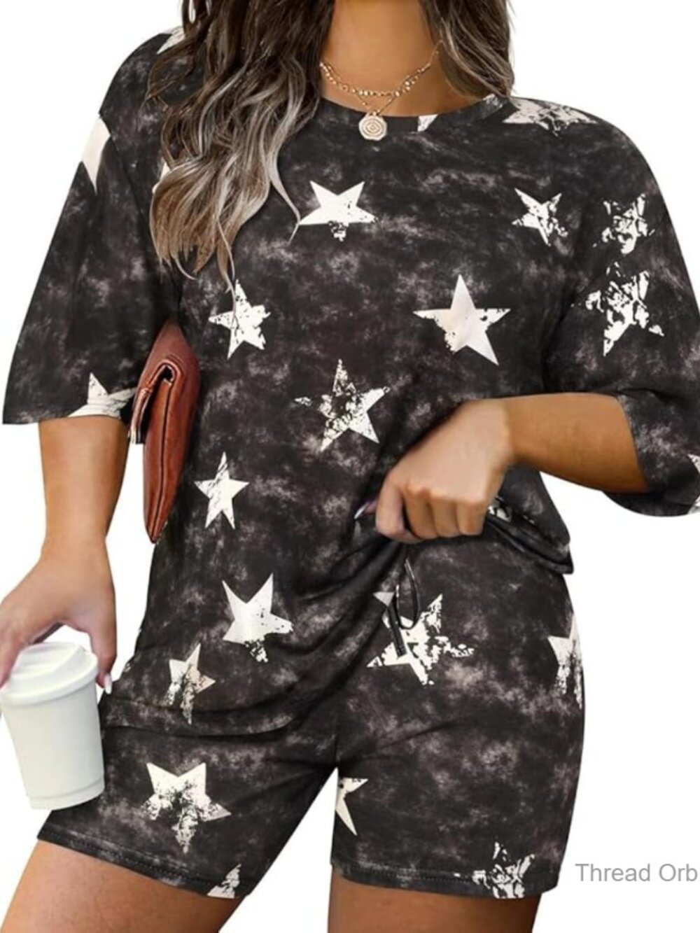 Plus Size 2 Piece Lounge Set Soft Stretchy Fabric Short Sleeve Tops Biker Shorts